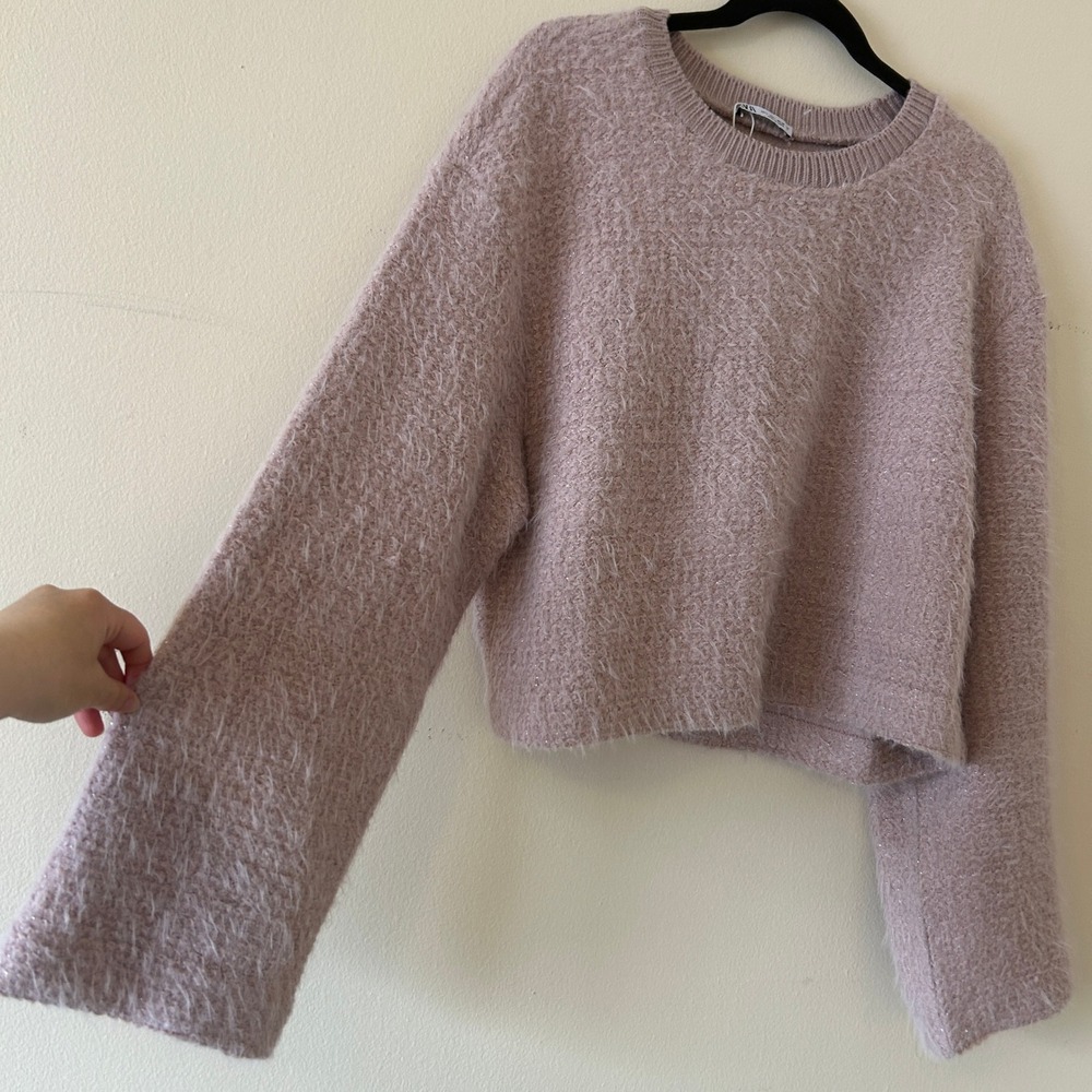 Zara Lilac Fuzzy Metallic Shimmer Cropped Sweater Jumper bell Sleeve Large - Picture 3 of 9